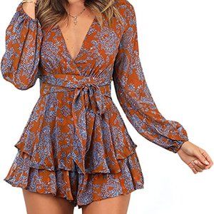 Deep V-Neck Floral Print Long Sleeve Ruffle Hem Romper